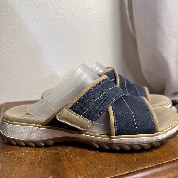 Clarks Womens Canvas Sandals Slide Open Toe Comfort Adjustable Band Blue Tan 6 - Picture 2 of 9